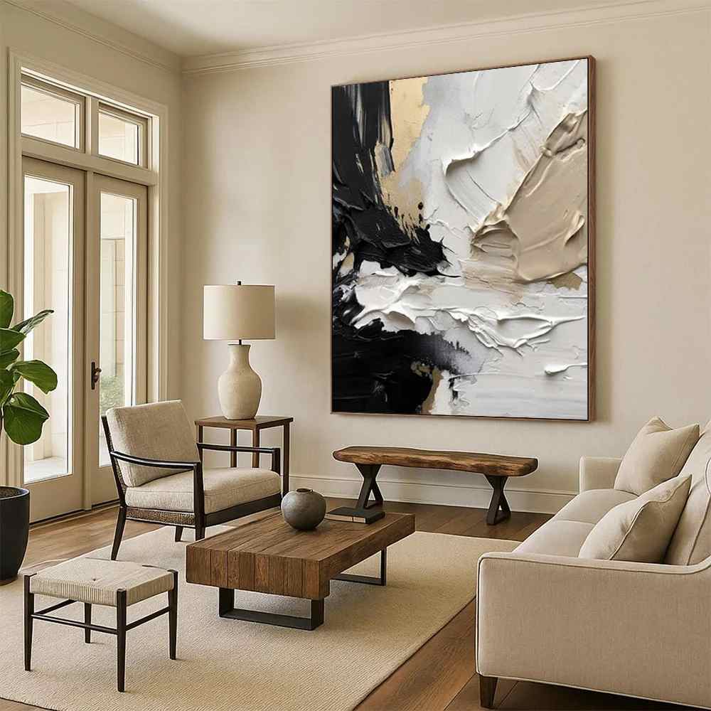Black Textured White - big framed canvas for hallway